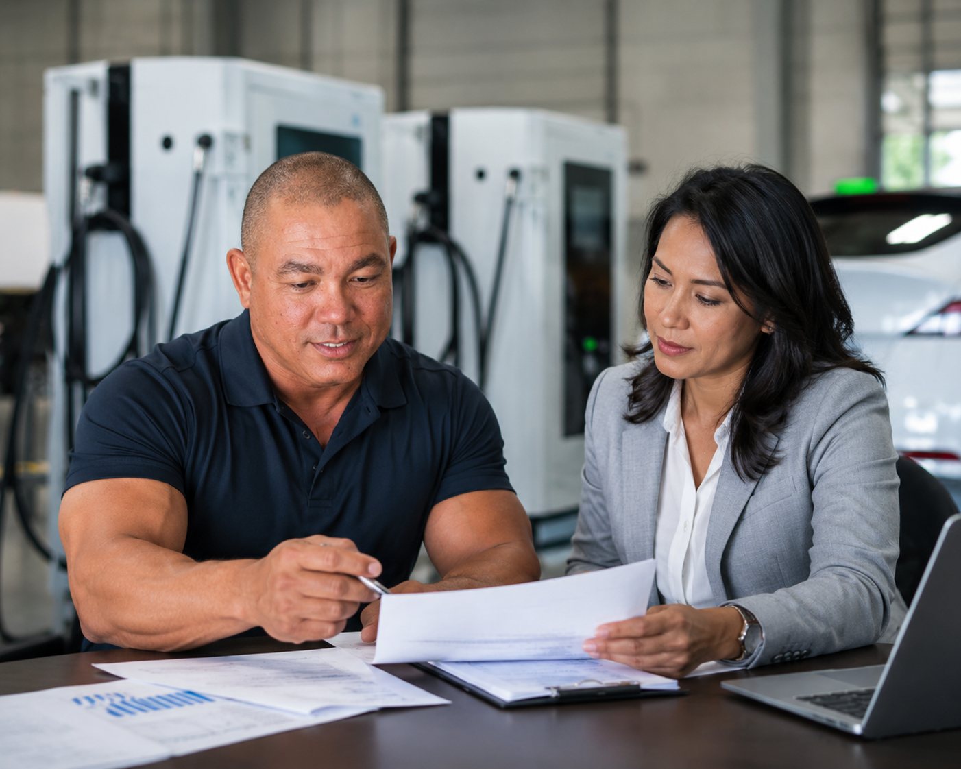 EV charging service manager reviewing a service agreement with a client at a desk in front of DC fast chargers