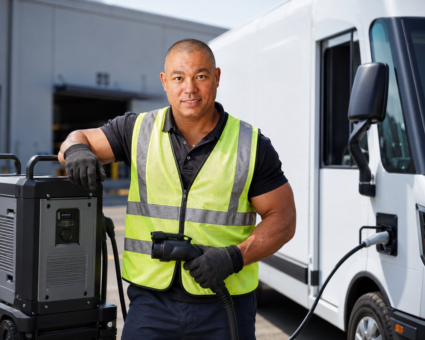 Technician with a wheeled portable DC charger connected to a white electric delivery van at a warehouse dock
